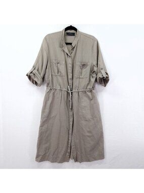 Les Copains Utility Shirt Dress Size 50 (16 US) Flax Linen Button Front